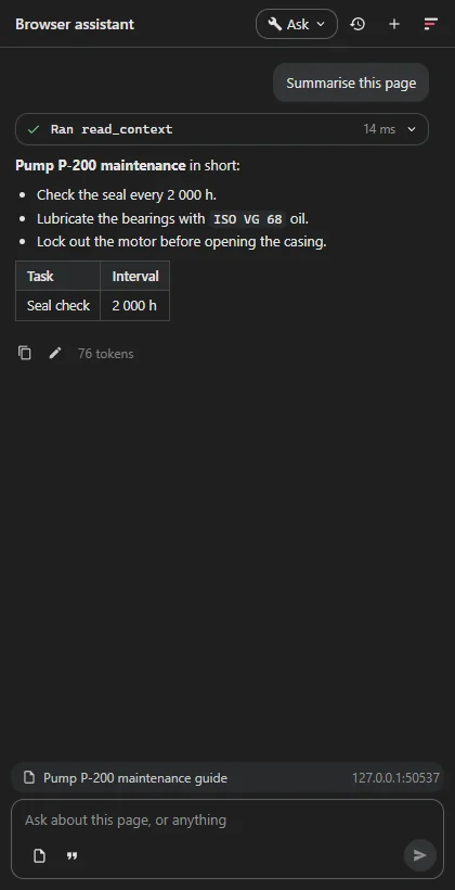 The browser agent in Chrome's side panel summarising a maintenance page into three points and a table.